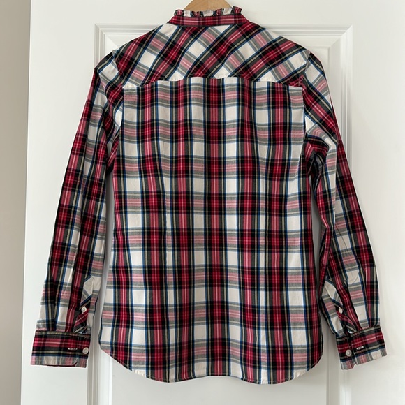J Crew Tartan Plaid Button Front Blouse w Micro-Ruffled Collar - Picture 9 of 12